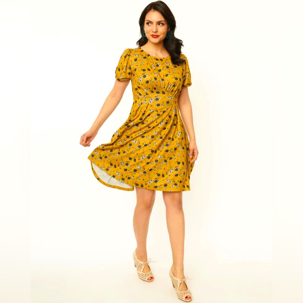 Unique Vintage Mustard Yellow Floral Midi Dress